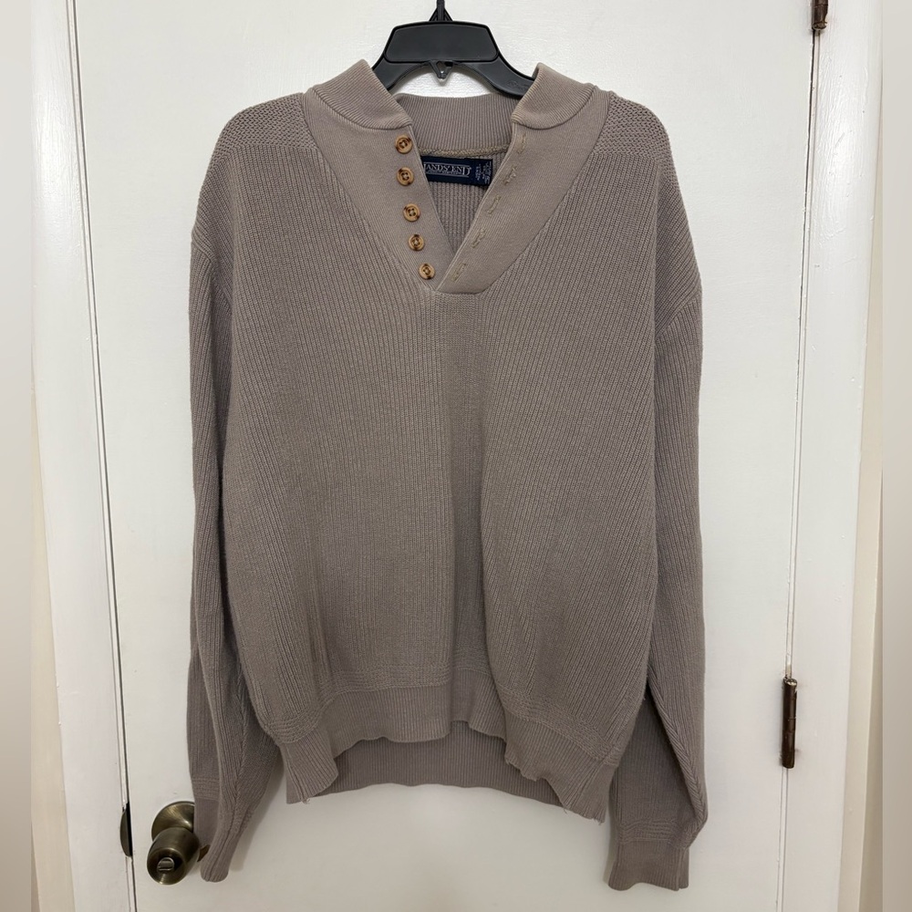 Vintage 90s Lands End Direct Merchants Henley Sweater Taupe Cotton USA Mens L